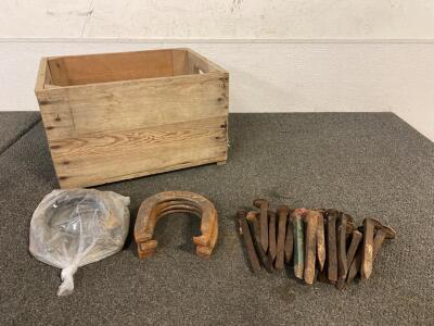 (8) Horseshoes, Bundle Of Railroad Spikes And Wooden Crate