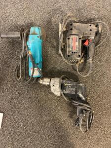 Tool Lot Including Black And Decker Drill (Works), Makita Disc Grinder (Works), Craftsman Scroller Saw (Works), DeWalt Drill (Works), Belt Sander (Needs Repairs), DeWalt Light (Unable To Test), Jumper Cables, (2) Extension Cords And More