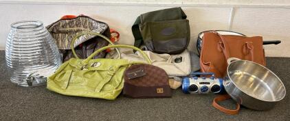 (5) Various Bags, (1) Fake Louis Vuitton Beanie, (1) Water Dispenser, And More