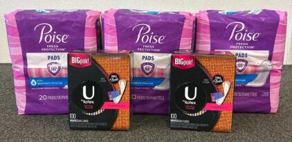 (3) Boxes Of Poise Fresh Protection Pads And (2) Boxes Of U By Kotex Pantie Liners