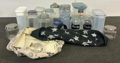 (10) Glass Jars, (5) Plastic Containers, Bags, And More