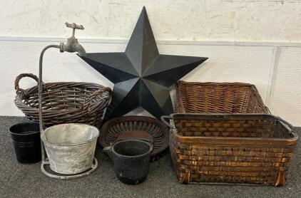 (1) Vintage Cast Iron Melting Pot, (1) Metal Planter, (4) Baskets, And More