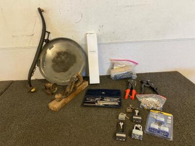 Stanley Bailey No. 26 Transitional Wood Plane, Antique Brass Horse Equipment, Vintage Guy's Dropper Carbide Miner's Lamp, Vintage German E.O. Richter & Co. Drafting Tool Set, (2) Hand Riveters, Locks And More