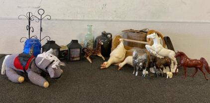 Rocks, Shells, (2) Lanterns, Baskets, (2) Jewelry Trees, (2) Mounted Towel Holders, Horse And Duck Figures