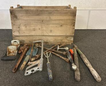 (1) Wooden Crate With Tools Including Hedge Clippers And More
