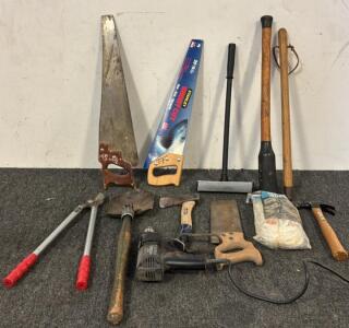 (3) Saws, (2) Axe Handles, (1) Hatchet, (1), Trench Shovel, 50ft Nylon Rope, Craftsman Corded Drill, & More