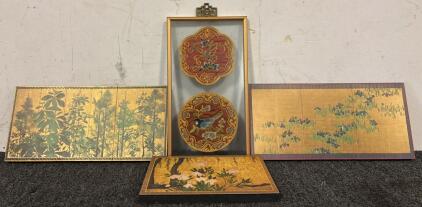 Framed Chinese Silk Embroidery & (3) Vintage Chinese Paintings