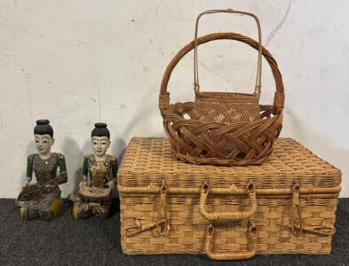 (2) Vintage Hand Carved Wooden Statues & (3) Wicker Baskets