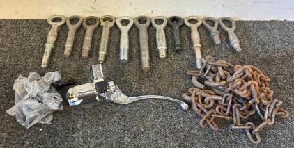 Assortment of Tow Hooks, Chains, Spline Lug Bolts, Motorcycle Brake Lever, & More