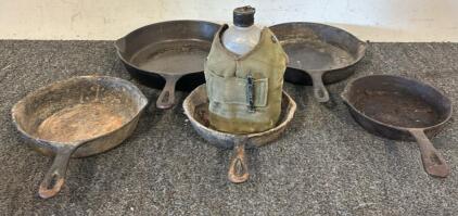 (5) Vintage Griswold Cast Iron Skillets & Vintage US Military Issued Water Canteen w/ Canvas Cover