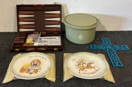 Vintage Backgammon Game Kit w/ Leather Case, (2) Vintage Holly Hobbie Collector&rsquo;s Plates, Large Tupperware Pot, Metal Decorative Cross, Smith & Wesson Steel Throwing Cards, & More