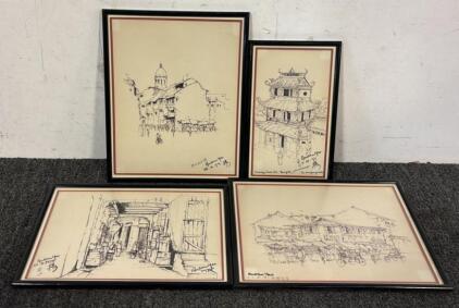 (4) Framed Vintage Singaporean Sketches by Andrew Yeo