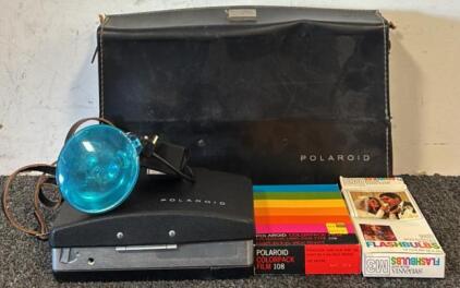 Vintage Polaroid Automatic Land Camera 100 w/ Flash Attachment, Polaroid Carrying Case, M3 Sylvania Blue Dot Flashbulbs, & Vintage Polaroid Colorpack Film