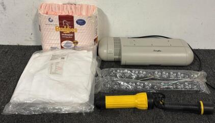 Swingline Commercial Electric Hole Punch, Buddies Underpads, (2) Light Fixtures, (2) Disposable Hazard Protection Coveralls