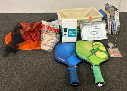 (2) JoncAye Pickle Ball Raquets, (1) Wireless Video Doorbell, (1) Pocket Watch, And More