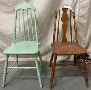 Painted Green Chair H 3&rsquo; 1&rdquo; W 1&rsquo; 3&rdquo; L 1&rsquo; 3&rdquo; And Brown Wooden Chair H 3&rsquo; W 1&rsquo; 3&rdquo; L 1&rsquo; 3&rdquo;
