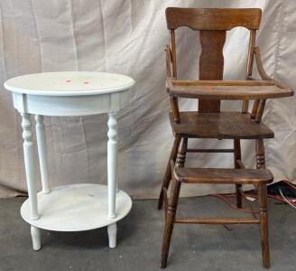 Wooden Highchair H 3&rsquo; 2&rdquo; W 1&rsquo; 3&rdquo; L 1&rsquo; 4&rdquo; And Small Table H 2&rsquo; 3&rdquo; W 1&rsquo; 7.5&rdquo; L 1&rsquo; 4&rdquo;
