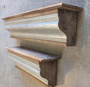 (2)LARGE Galvanized Metal and Wood Shelf 43"x11"x8", 30"x11"x8"