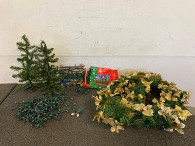 Christmas Decor Including Garland, Multicolor Lights (Works), 6&rsquo;x4&rsquo; Green Net Style Lights (Works), And (2) 20&rdquo; Christmas Trees, 8ft Christmas Inflatable Arch With LED Light NO MOTOR, Ornaments