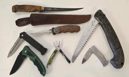 (7) Knives- Rapala Filet, Timber Wolf Folding Saw, Gerber Multitool Sharpening Stone And More
