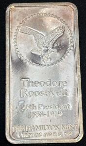 Theodore Roosevelt 26th President 1858-1919 THE HAMILTON MINT Troy 1oz .999 F. S. 75P