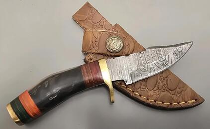 Damascus Steel Custom Hunting Knife W/ Leather Sheath *New*