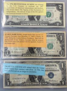 1976 Bicentennial $2 Note, Scarce Barr Note, And Old Silver Certificate Dollar Bills