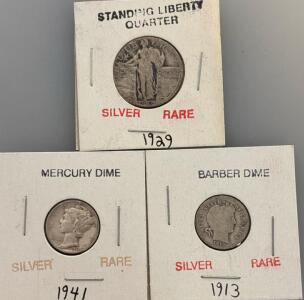 RARE 1929 Standing Liberty Quarter, RARE 1941 Mercury Silver Dime, RARE 1913 Barber Silver Dime