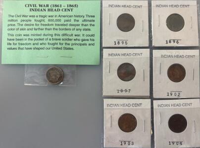 Civil War Indian Head Cent (1861-1865 W/ (6) Indian Head Cent Pennies (1895-1904)