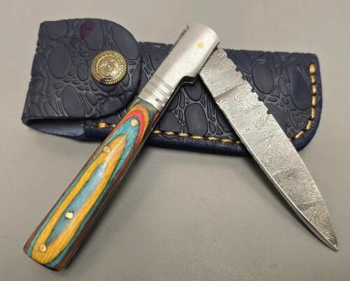 Damascus Custom Folding Pocket Knife W/ Leather Sheath- Wide "Toothpick" Style Blade