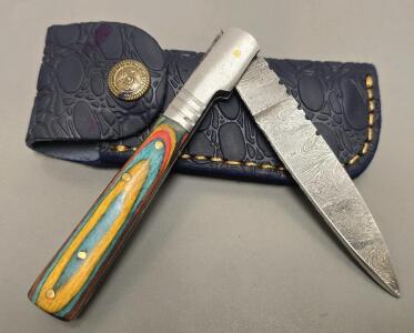 Damascus Custom Folding Pocket Knife W/ Leather Sheath- Wide "Toothpick" Style Blade