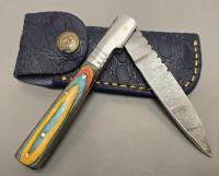 Damascus Custom Folding Pocket Knife W/ Leather Sheath- Wide "Toothpick" Style Blade