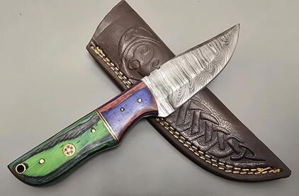 Damascus Steel Custom Hunting Knife W/ Leather Sheath *New*
