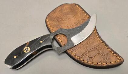 Carbon Steel Custom Skinning Knife With Finger Hold, Leather Sheath Included