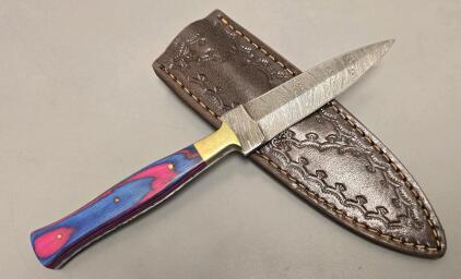 Damascus Steel Custom Boot Knife W/ Leather Sheath *New*