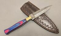 Damascus Steel Custom Boot Knife W/ Leather Sheath *New*
