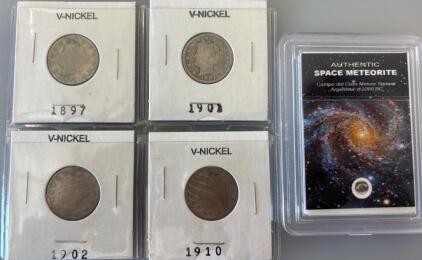 (4) V-Nickels 1897-1910 And Authentic Space Meteorite 2200 BC
