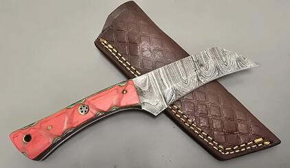 Damascus Custom Hook Blade Knife, Pink Handle W/ Leather Sheath *New*