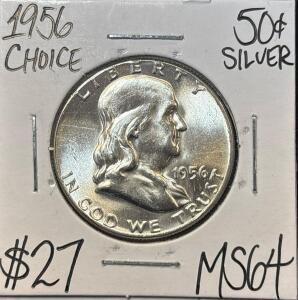 1956 MS64 CHOICE SILVER FRANKLIN HALF $1
