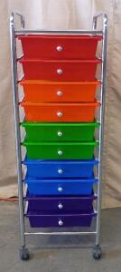 10-Drawer Rolling Storage Cart With a Chrome Frame and Multi-Color Plastic Drawers. 37"x16"x12"