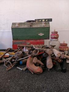 Variety Of Tools, (2) Tool Boxes, (20+) Cabinet Hinges, Glass Jar, (2) Painted Ceramic Jars And more