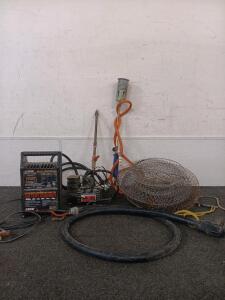(2) Torches, Portable Battery Charger, Wire Fish Basket, Portable Air Compressor