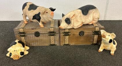 (4) Decorative Pigs And (2) Small Chests