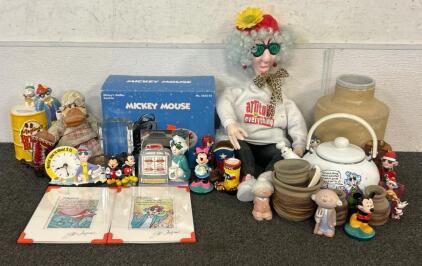 Porcelain Figures, (1) Mickey Mouse Waffle Maker, (1) Clock, And More