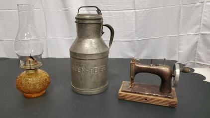 Vintage Oil Lamp, Vintage Sew Machine, Vintage Milk Can From Boise Milk