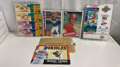 (1) 1996 World Series Tickets (1) 7&rdquo;x5&rdquo; UpperDeck Tin Miguel Tejada Sign (2) 7&rdquo;x5&rdquo; Topps Cards Dale Murphy , Pete Rose