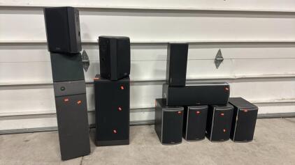 8 Assorted Polk Audio Speakers , 1 Audio Source Speaker &1 Acoustic Research Tower speaker
