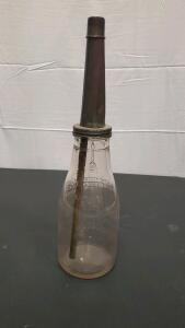 Vintage Glass Motor Oil Bottle With A Metal Spout