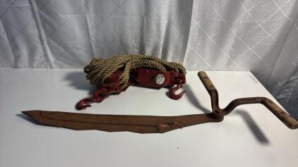 (1) Vintage Durban Durco Block & Tackle System (1) vintage or antique hay knife, also known as a hay saw, hay scythe, or sickle.