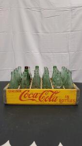 Assorted Vintage 24 pack Coca-Cola Bottles With Wooden Carrier